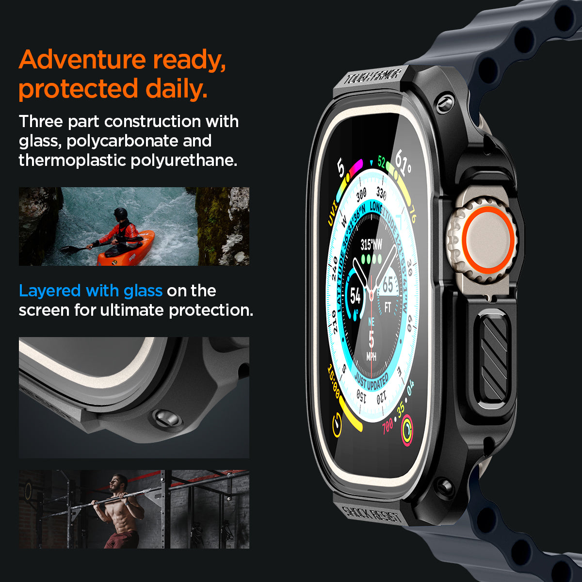 ACS05457 - Apple Watch Ultra (Apple Watch (49mm)) Case Tough Armor in black adventure ready, protected daily. Three part construction with glass, polycarbonate and thermoplastic polyurethane. Layered with glass on the screen for ultimate protection.