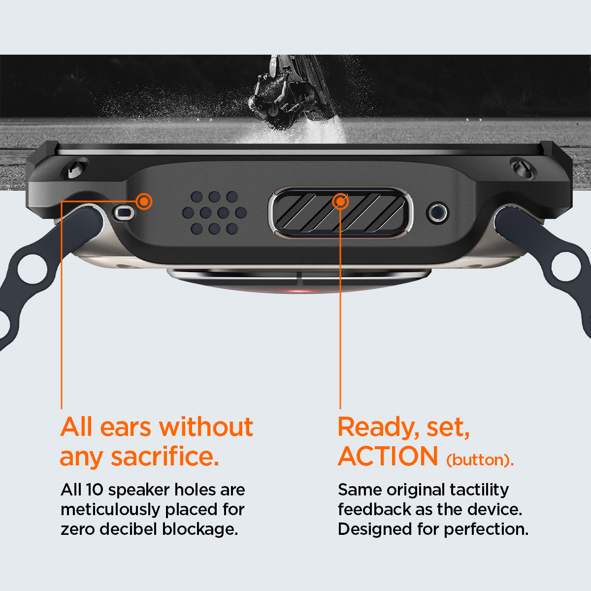 ACS05457 - Apple Watch Ultra (Apple Watch (49mm)) Case Tough Armor in black has all 10 speaker holes are meticulously placed for zero decibel blockage. All ears without any sacrifice. Also has Ready, set action button. Same original tactility feedback as the device. Designed for perfection.