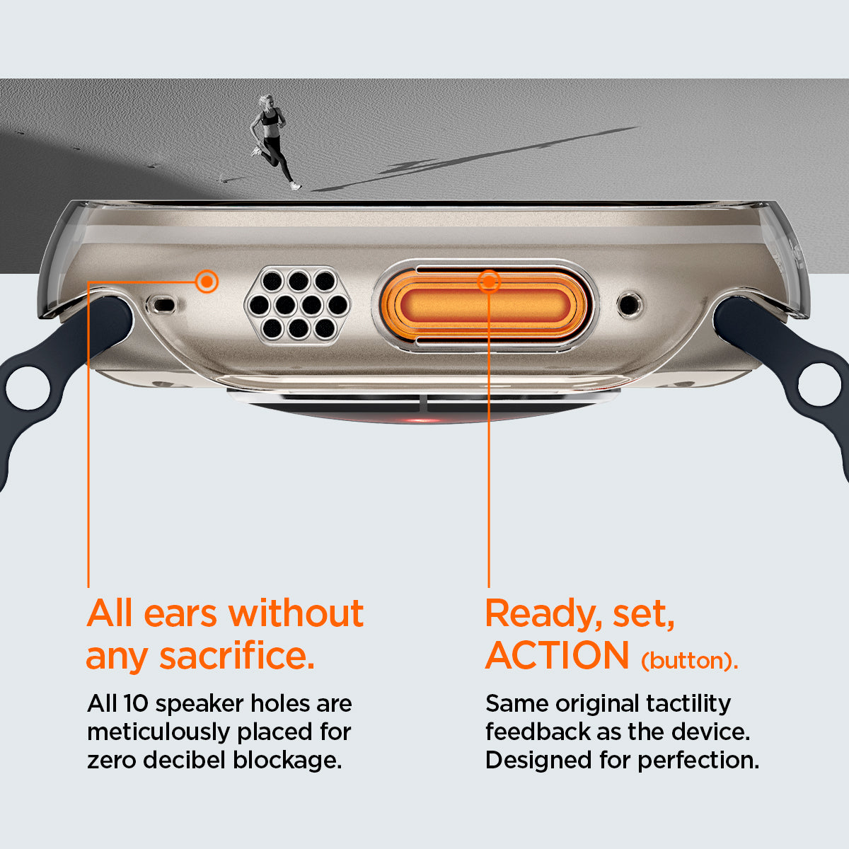 ACS05917 - Apple Watch Ultra (Apple Watch (49mm)) Case Thin Fit in crystal clear has all 10 speaker holes are meticulously placed for zero decibel blockage. All ears without any sacrifice. Also has Ready, set action button. Same original tactility feedback as the device. Designed for perfection.