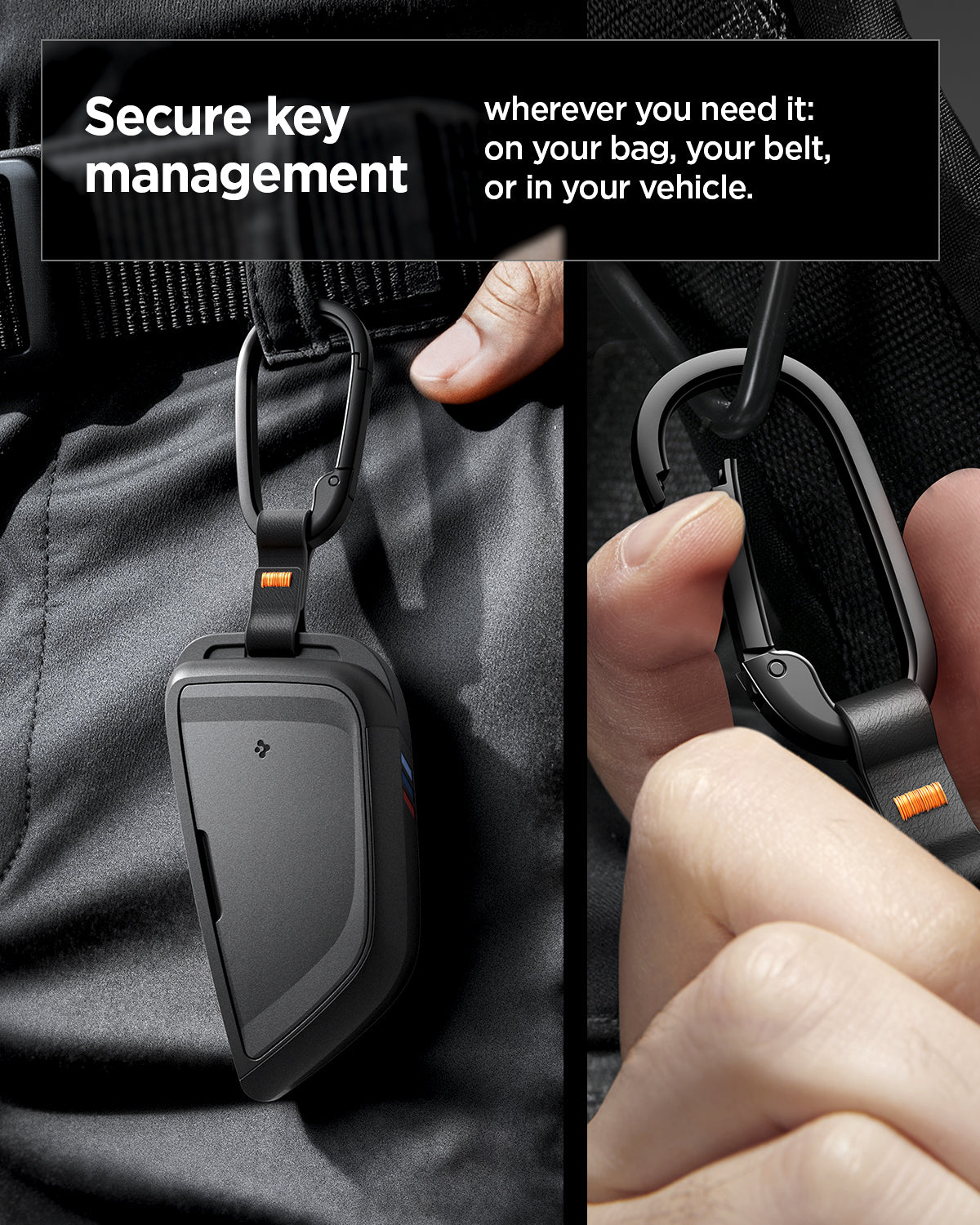 ACS10425 - BMW Key Fob Cover | BK100 in Matte Black showing the secure key management. Attached it to your bag, your belt, or in your vehicle 