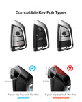ACS10425 - BMW Key Fob Cover | BK100 in Matte Black showing a compatibility chart of various key fob types and a comparison of top-edge dimensions, specifically highlighting the 8.85mm size as applicable and the 12.77mm size as not applicable.