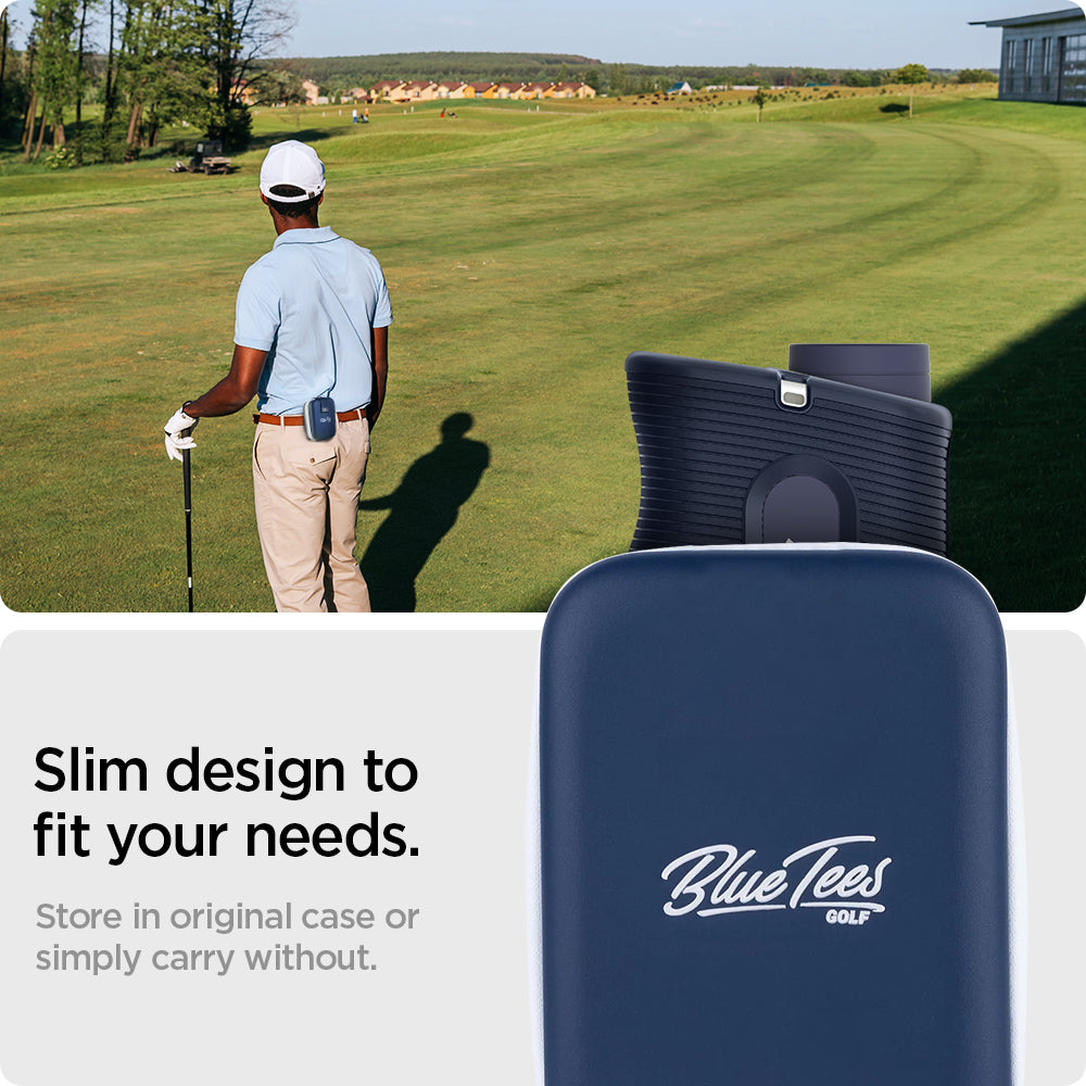 ACS04801 - Blue Tees Golf Series 3 Max Rangefinder AirTag Case Silicone Fit in navy blue showing the slim design to fit your needs, store in original case or simply carry without