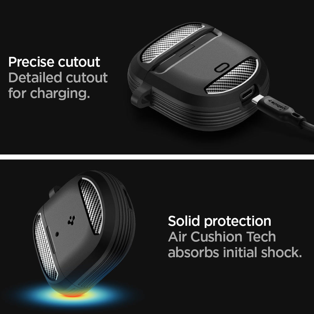 ACS05591 - Bose Earbuds Quiet Comfort 2 Case Rugged Armor in black showing precise cutout detailed cutout for charging. solid protection air cushion tech absorbs initial shock