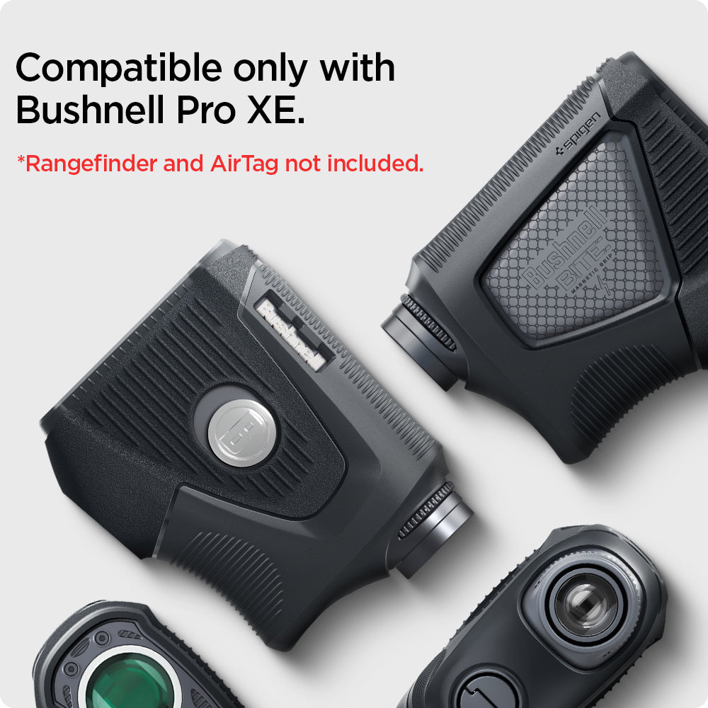 ACS04228 - Bushnell Pro XE Rangefinder AirTag Case in black showing the compatibility only with Bushnell Pro XE