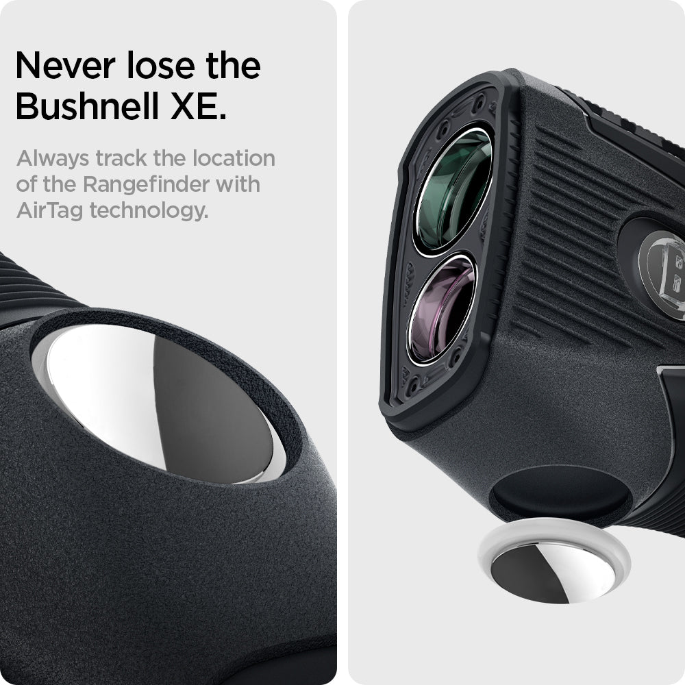 ACS04228 - Bushnell Pro XE Rangefinder AirTag Case in black showing the tracking location of the Rangefinder with AirTag technology