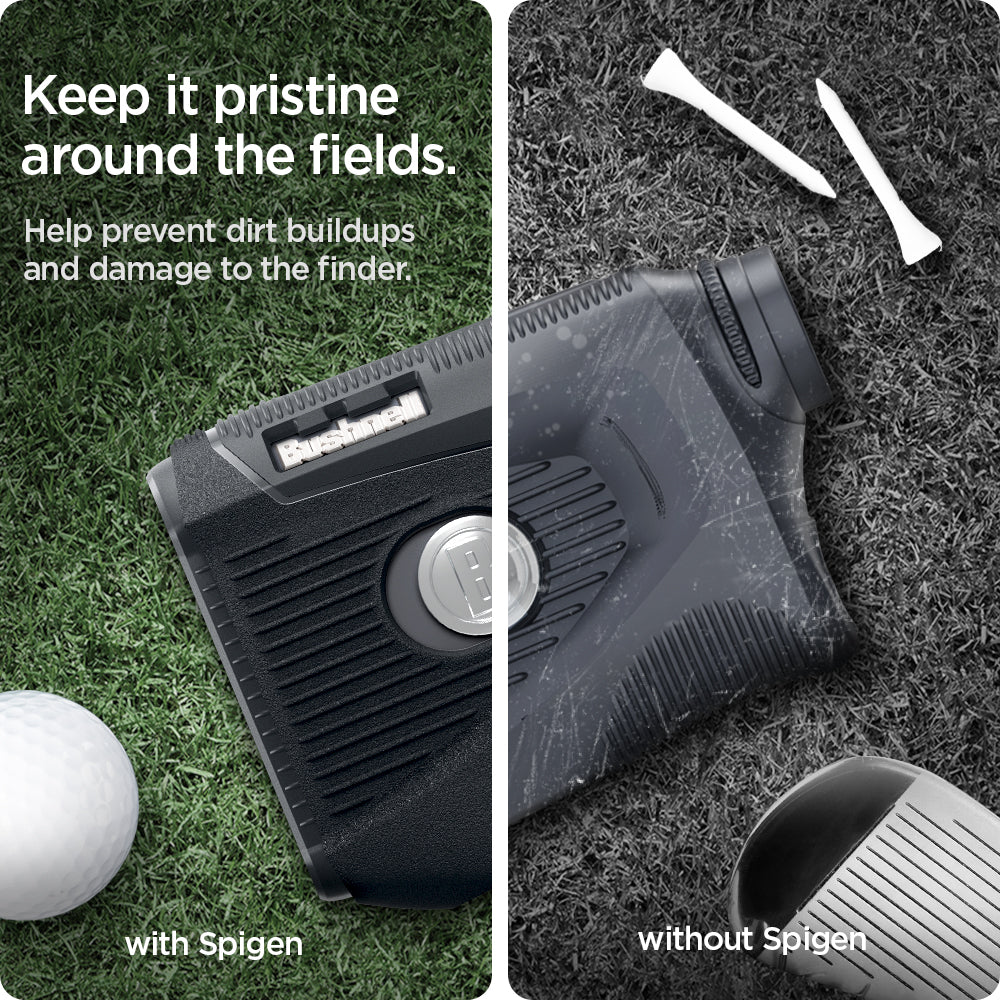 ACS04228 - Bushnell Pro XE Rangefinder AirTag Case in black showing the preventing dirt buildups and damage to the finder