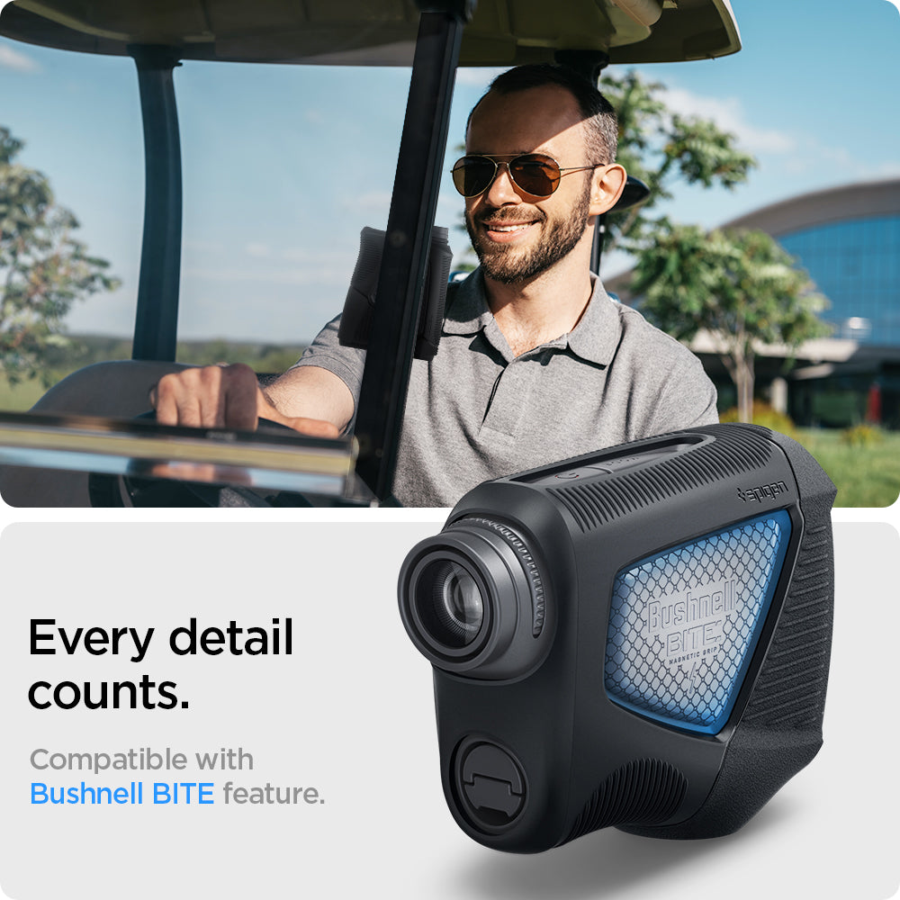 ACS04228 - Bushnell Pro XE Rangefinder AirTag Case in black showing the compatibility with Bushnell BITE feature