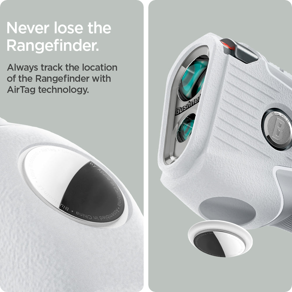ACS06151 - Bushnell Pro X3 Rangefinder Case Silicone Fit AirTag in light gray showing the tracking location of the Rangefinder with AirTag technology