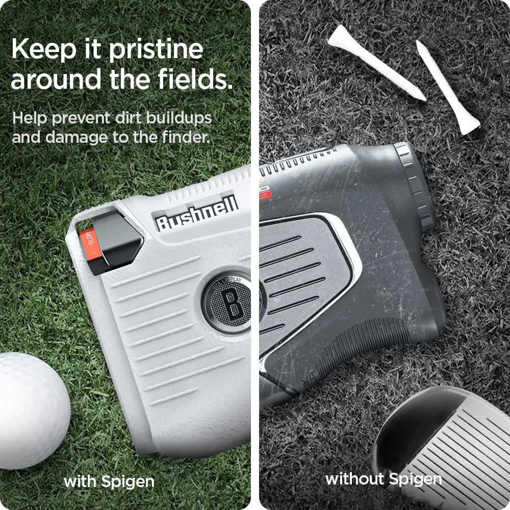 ACS06151 - Bushnell Pro X3 Rangefinder Case Silicone Fit AirTag in light gray showing the preventing dirt buildups and damage to the finder