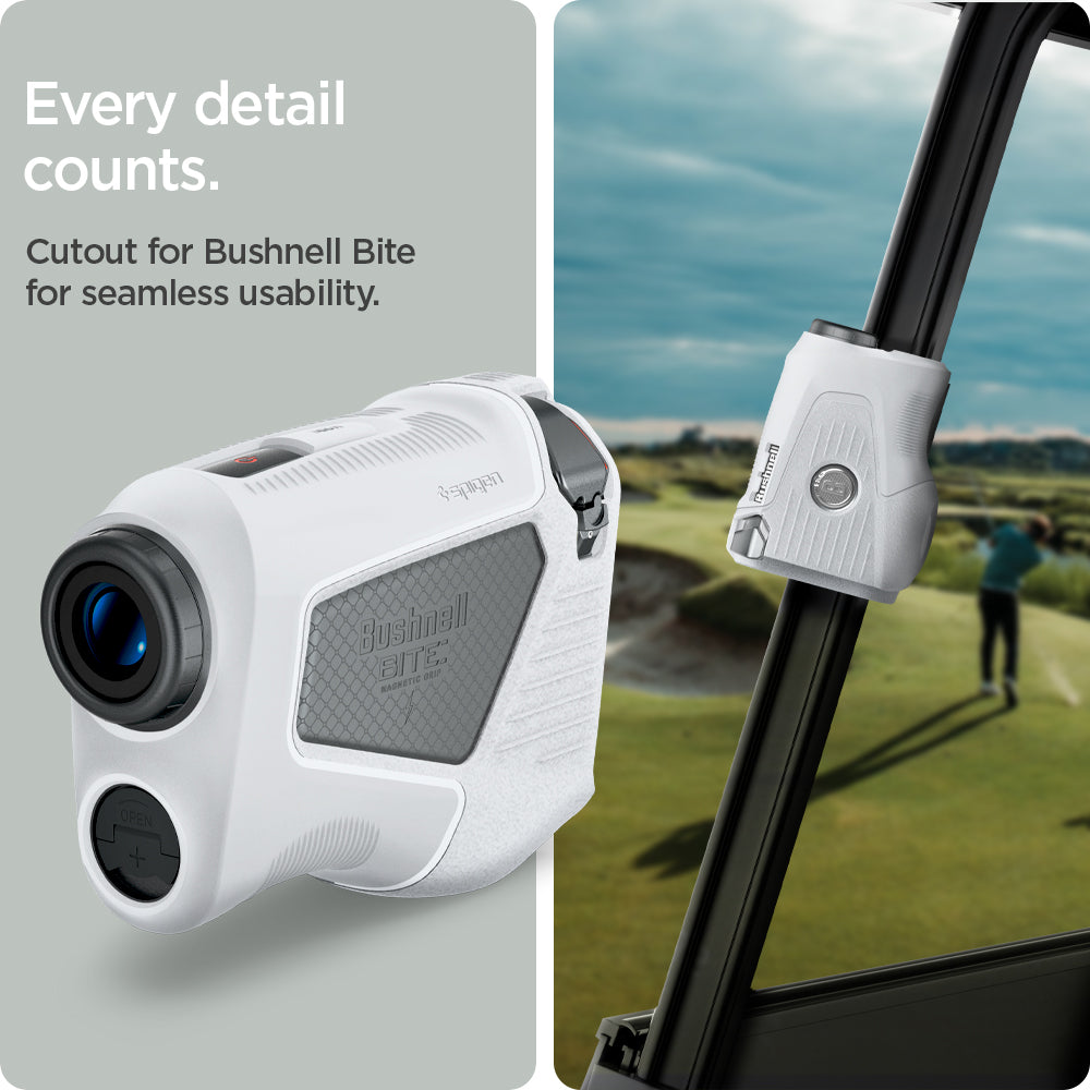 ACS06151 - Bushnell Pro X3 Rangefinder Case Silicone Fit AirTag in light gray showing the every detail, cutout for Bushnell Bite for seamless usability