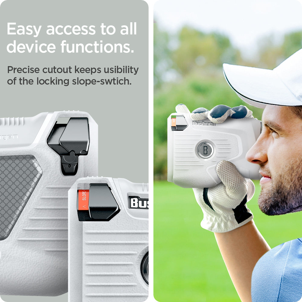 ACS06151 - Bushnell Pro X3 Rangefinder Case Silicone Fit AirTag in light gray showing the easy access to all device functions, precise cutout keeps usability of the locking slope-switch