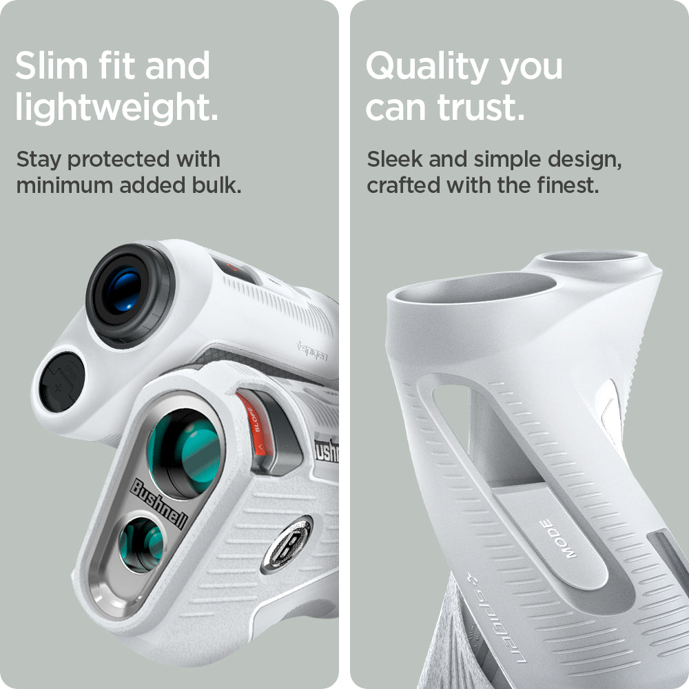 ACS06151 - Bushnell Pro X3 Rangefinder Case Silicone Fit AirTag in light gray showing the slim fit and lightweight, stay protected with minimum added bulk, quality you can trust, sleek and simple design, crafted with finest