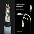 000CA25416 - DuraSync™ USB-C to Lightning Cable C10CL in White showing the The Ultimate Durability. Withstands more 30000 bending. A cable showing it's durability by bending in three directions. Showing parts of a cable wire. Tested by Spigen Quality Assurance center