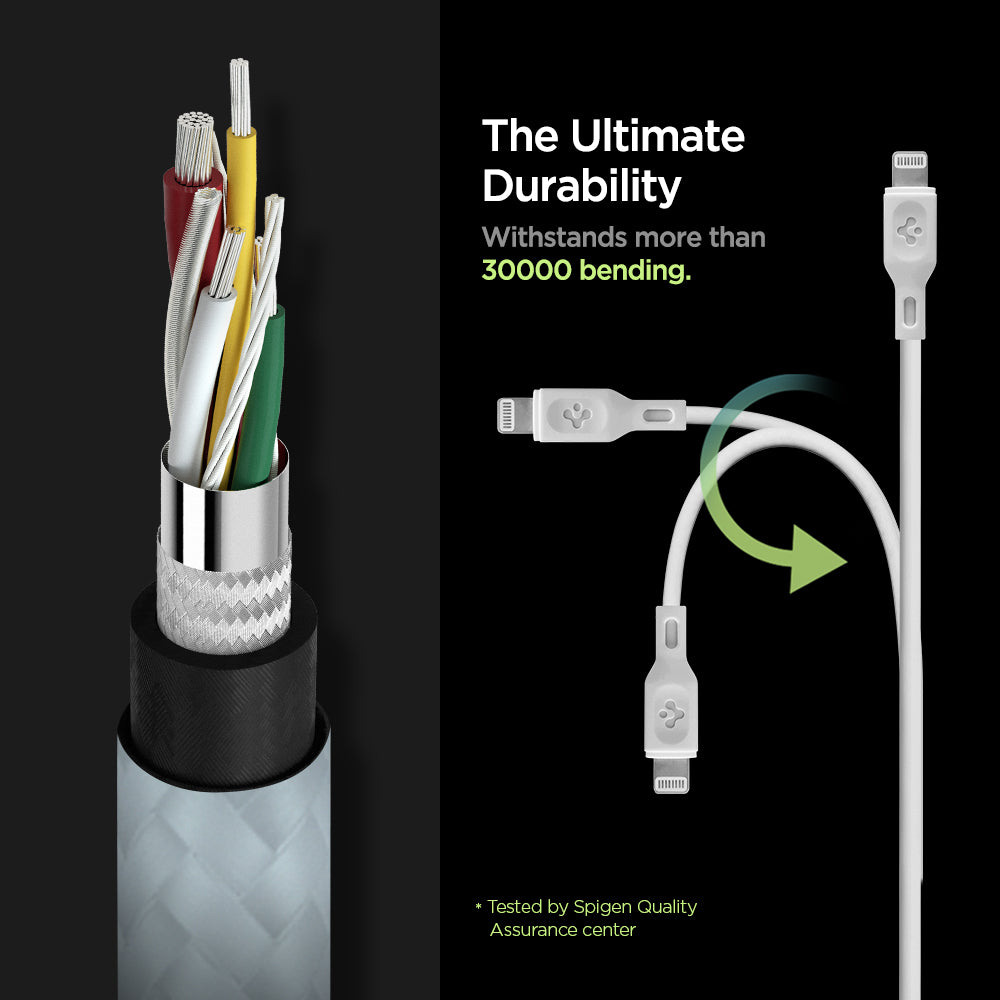 000CA25416 - DuraSync™ USB-C to Lightning Cable C10CL in White showing the The Ultimate Durability. Withstands more 30000 bending. A cable showing it's durability by bending in three directions. Showing parts of a cable wire. Tested by Spigen Quality Assurance center
