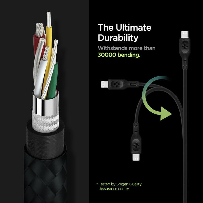000CA27022 - DuraSync™ USB-C to Lightning Cable C10CL in Black showing the The Ultimate Durability. Withstands more 30000 bending. A cable showing it's durability by bending in three directions. Showing parts of a cable wire. Tested by Spigen Quality Assurance center
