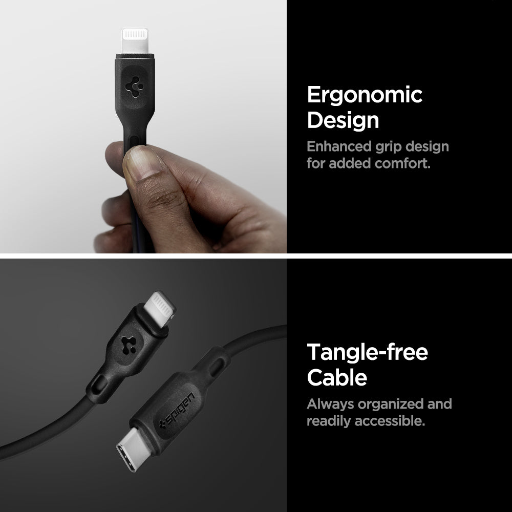 000CA27022 - DuraSync™ USB-C to Lightning Cable C10CL in Black showing the Ergonomic Design. Enhanced grip design for added comfort. Tangle-free Cable. Always organized and readily accessible. Showing a single charger head while a hand was holding it and 2 charging heads on the other side
