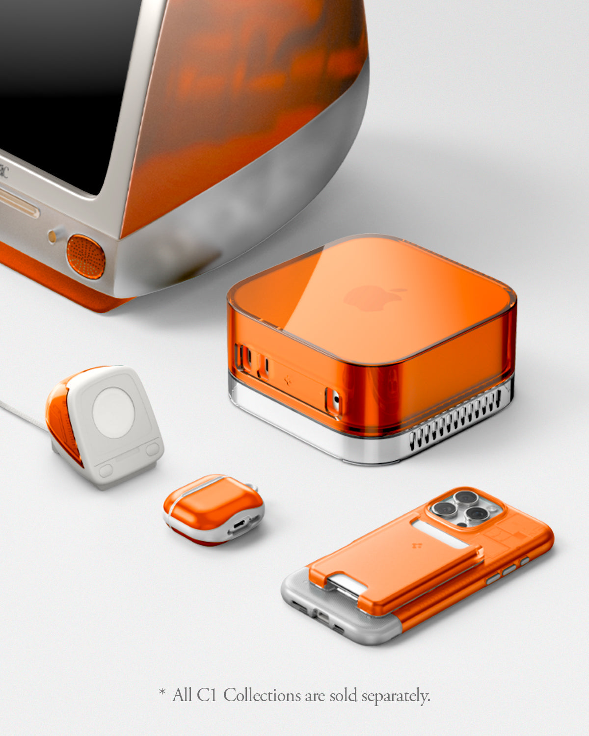AMP09342 - Apple Watch Classic C1 Charger Stand in tangerine showing C1 cases apple watch charging stand, air pods, mac mini, phone case, card holder.