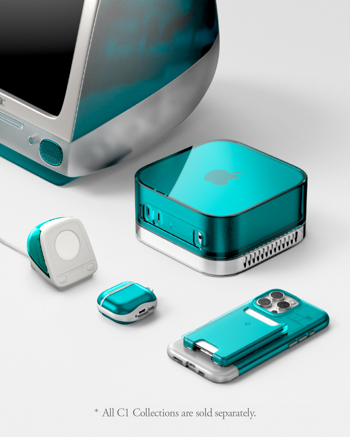 AMP09339 - Apple Watch Classic C1 Charger Stand in bondi blue showing C1 cases apple watch charging stand, air pods, mac mini, phone case, card holder.
