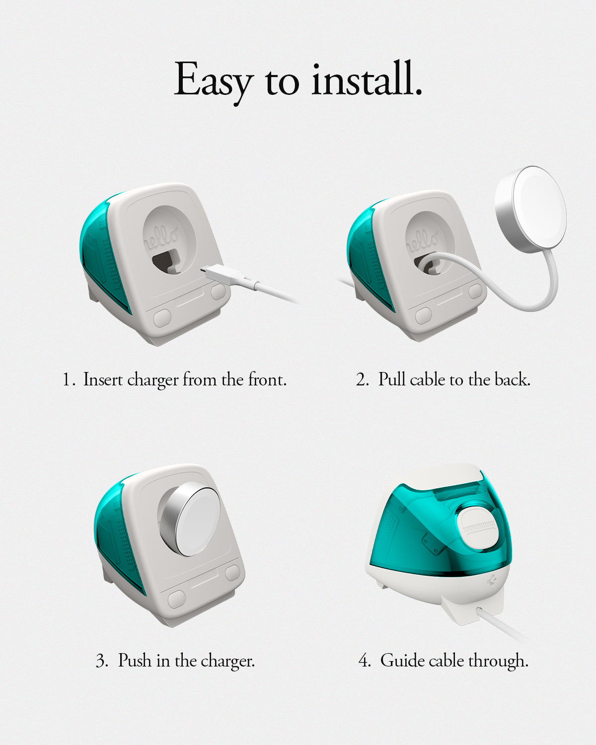 AMP09339 - Apple Watch Classic C1 Charger Stand in bondi blue easy to install. insert charger from the front. pull cable to the back. push in the charger. guide cable though.