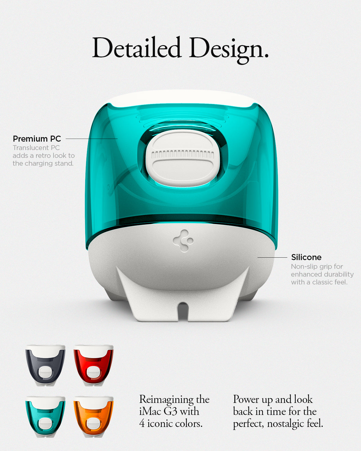 AMP09339 - Apple Watch Classic C1 Charger Stand in bondi blue detailed design. premium pc. translucent pc adds a retro look to the charging stand. Silicone. Non slip grip for enhanced durability with a classic feel. Reimagining the iMac G3 with 4 iconic colors. Power up and look back in time for the perfect, nostalgic feel.
