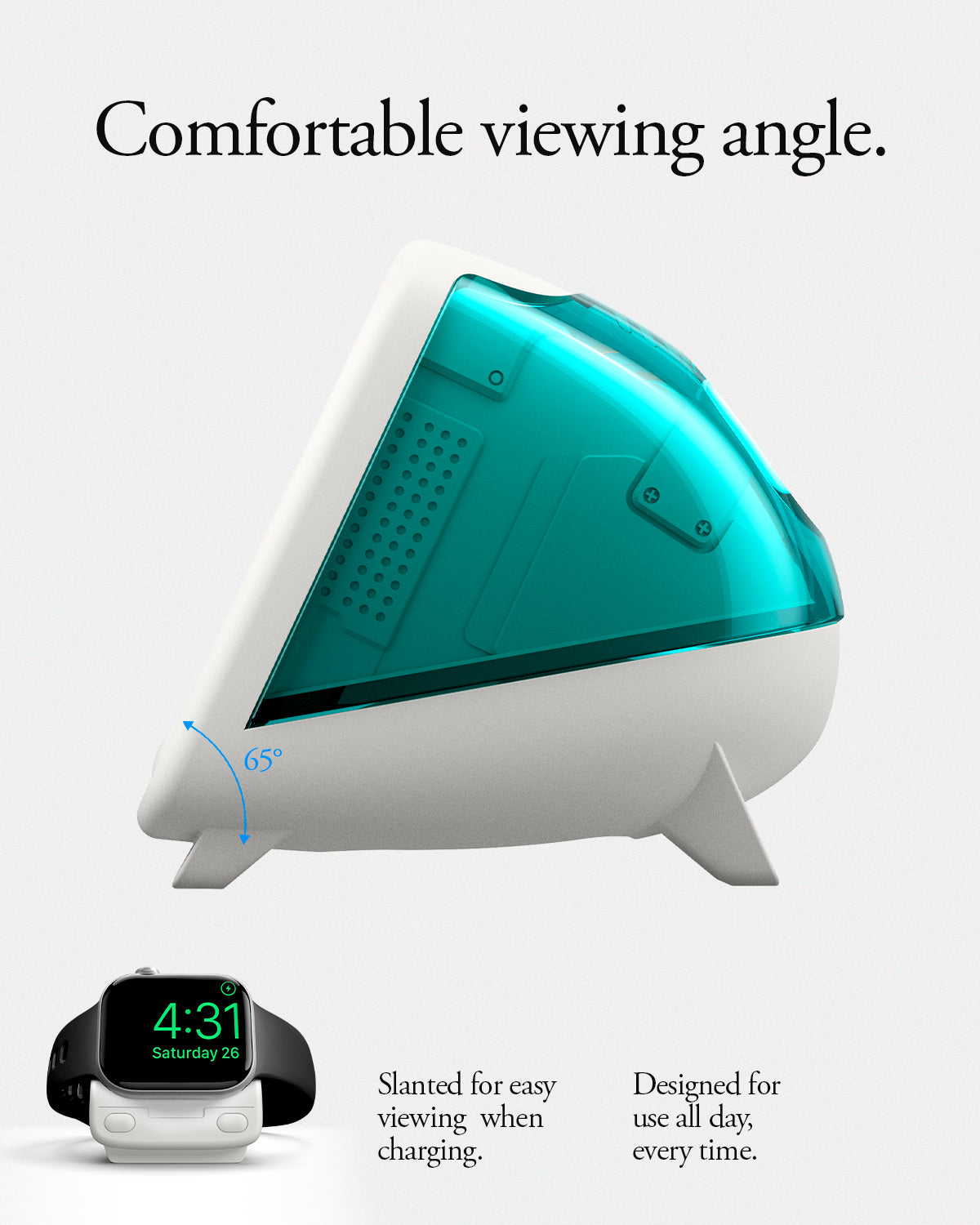 AMP09339 - Apple Watch Classic C1 Charger Stand in bondi blue comfortable viewing angle. Slanted or easy viewing when charging. Designed for use all day every time.