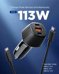 ACP09543 - ArcStation™  Essential 113W USB C Fast Car Charger | EV1133 showing a black carbon-fiber-textured car charger with three ports (65W USB-C, 18W USB-A, 30W USB-C) and two USB-C cables, labeled 