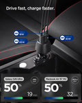 ACP09543 - ArcStation™  Essential 113W USB C Fast Car Charger | EV1133 showing the car charger plugged into a vehicle's rear seat power outlet with three cables connected, alongside charts showing a Galaxy S26 Ultra reaching 50% in 19 minutes and a MacBoo