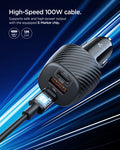 ACP09543 - ArcStation™  Essential 113W USB C Fast Car Charger | EV1133 showing a close-up of the car charger's USB-C cable connector with a visible E-Marker chip, next to the charger's three ports, labeled 