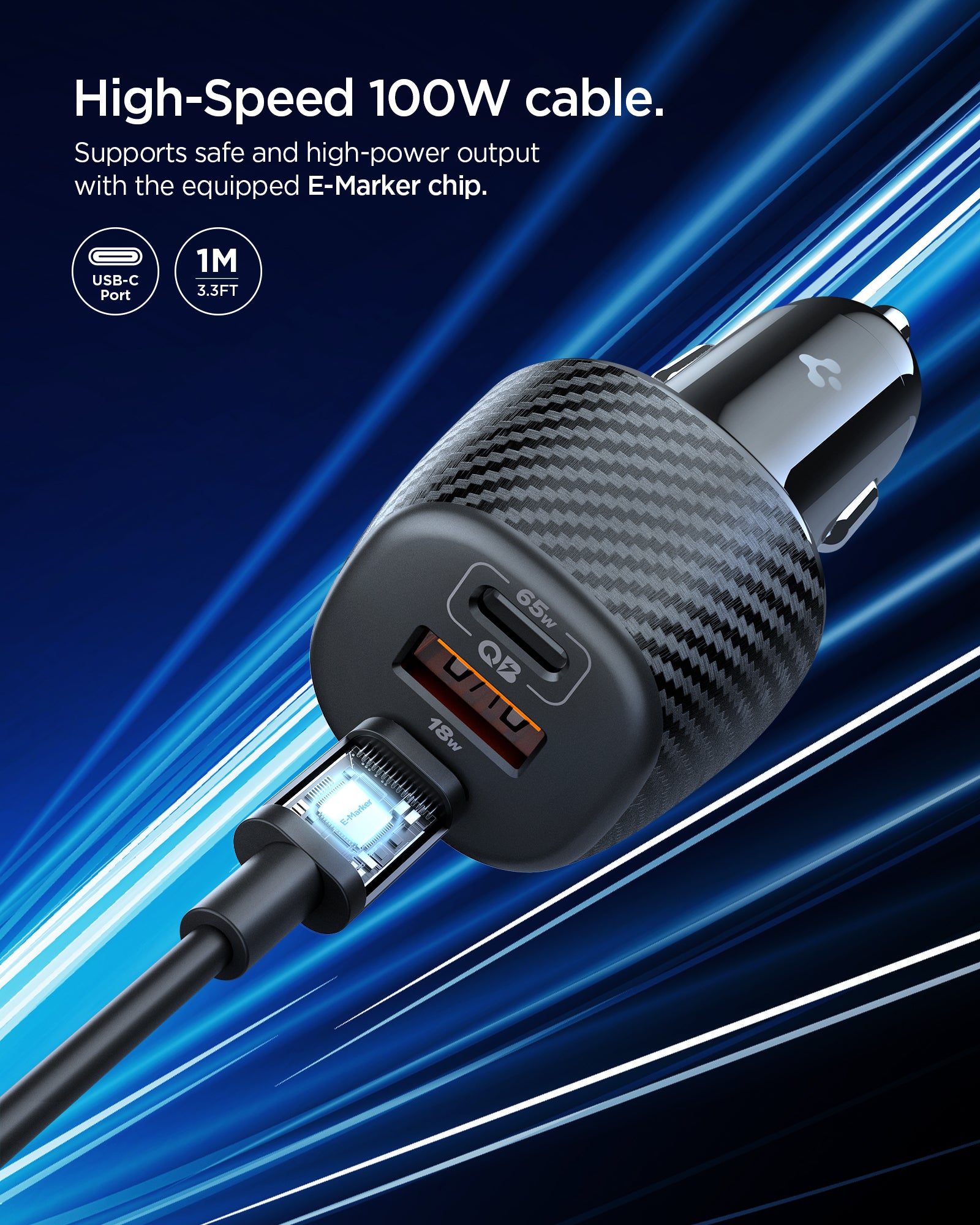 ACP09543 - ArcStation™  Essential 113W USB C Fast Car Charger | EV1133 showing a close-up of the car charger's USB-C cable connector with a visible E-Marker chip, next to the charger's three ports, labeled "High-Speed 100W cable."