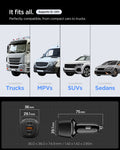 ACP09543 - ArcStation™  Essential 113W USB C Fast Car Charger | EV1133 showing the car charger's compatibility across a truck, MPV, SUV, and sedan, plus its dimensions (36.0 x 36.0 x 74.9mm) supporting 12-24V.
