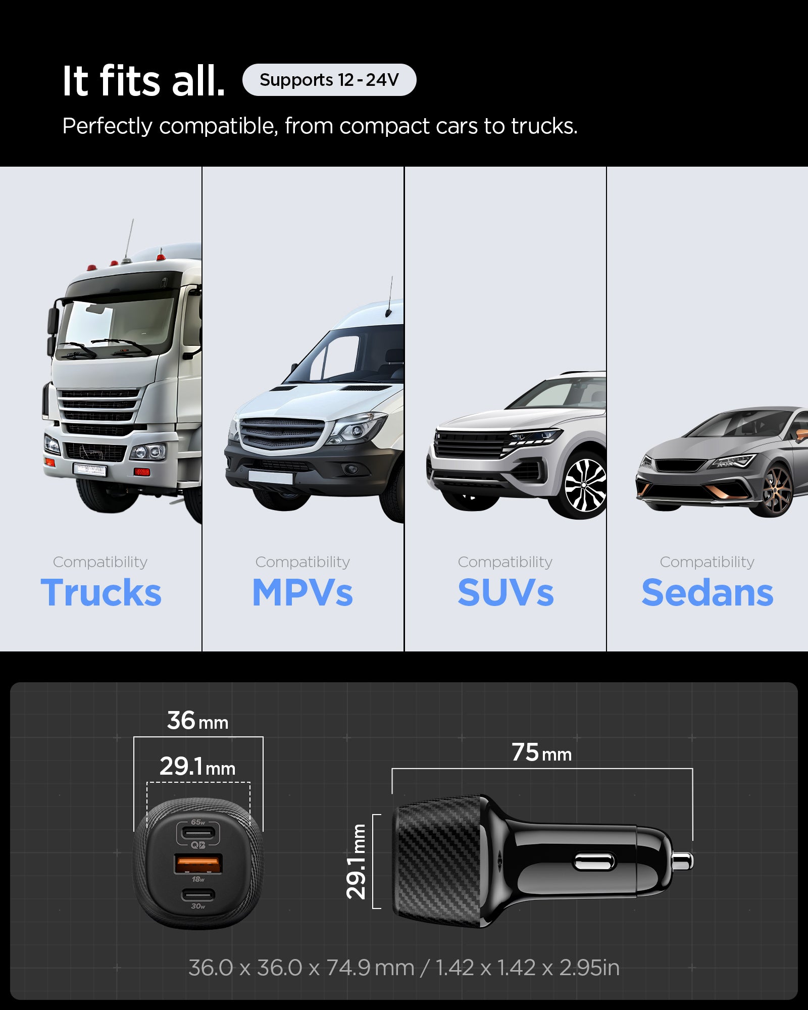 ACP09543 - ArcStation™  Essential 113W USB C Fast Car Charger | EV1133 showing the car charger's compatibility across a truck, MPV, SUV, and sedan, plus its dimensions (36.0 x 36.0 x 74.9mm) supporting 12-24V.