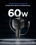 ACP10515 - Car Charger | EV603BT in Black showing total 60w with built in retractable cable.
