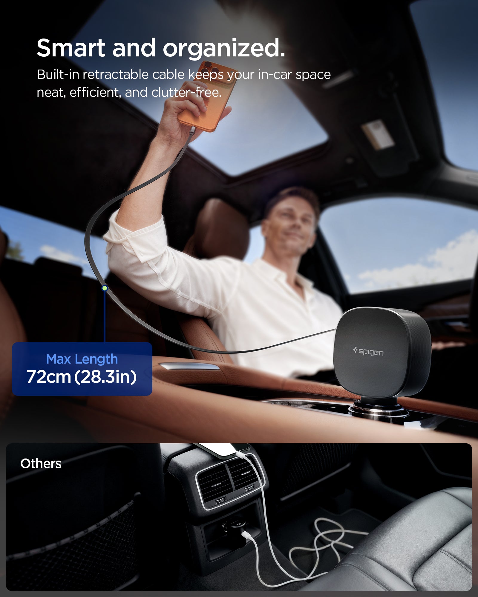 ACP10515 - Car Charger | EV603BT in Black showing smart and organized. built in retractable cable keeps your in car space neat efficient and clutter free