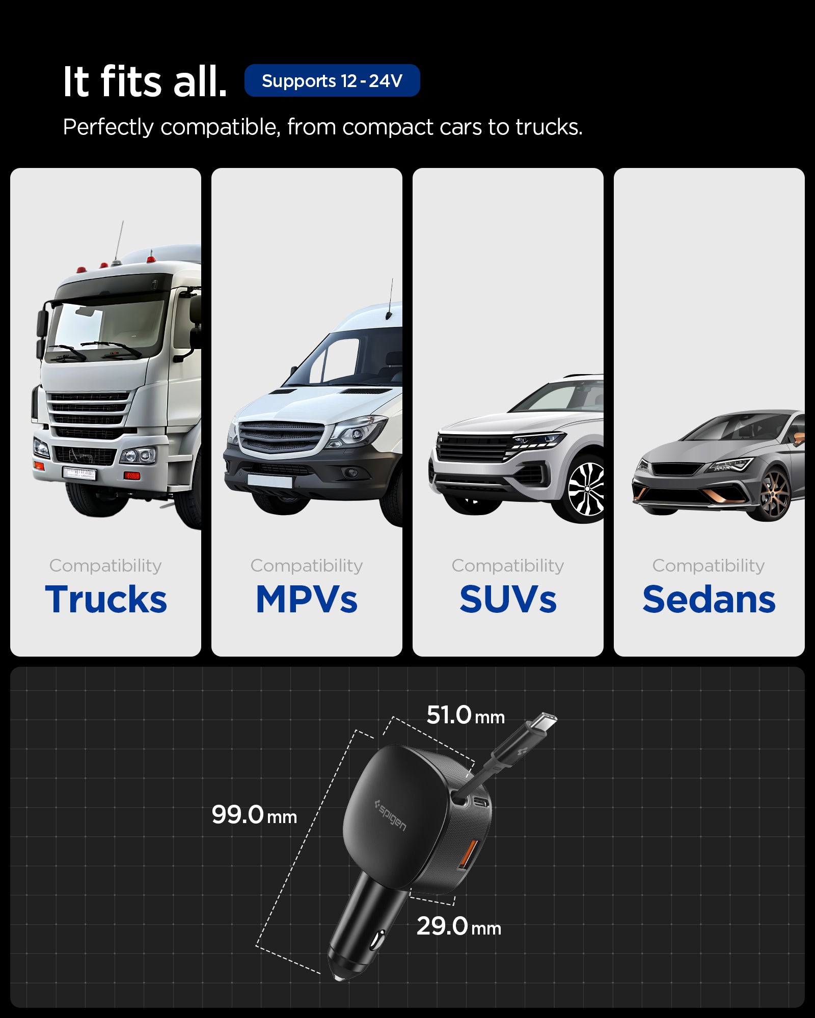 ACP10515 - Car Charger | EV603BT in Black showing it fits all with trucks, MPVS, SUVS, Sedans.