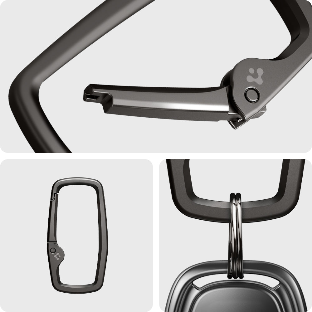 AHP02933 - Carabiner Rugged Type in black showing different angles of the carabiner, the front, bottom, and hook partially open