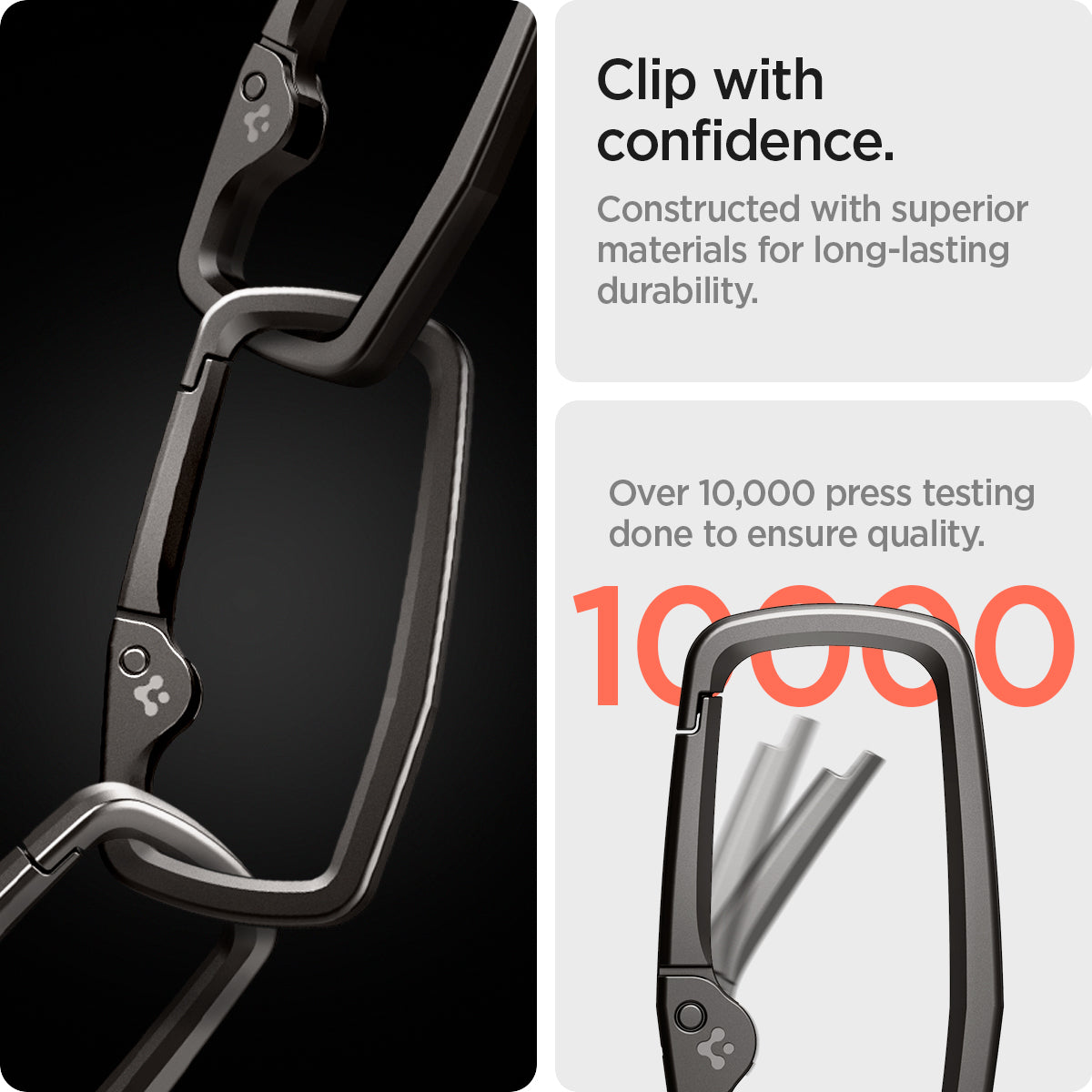AHP02933 - Carabiner Rugged Type in black showing the construction with superior materials for long-lasting durability, over 10,000 press testing done to ensure quality