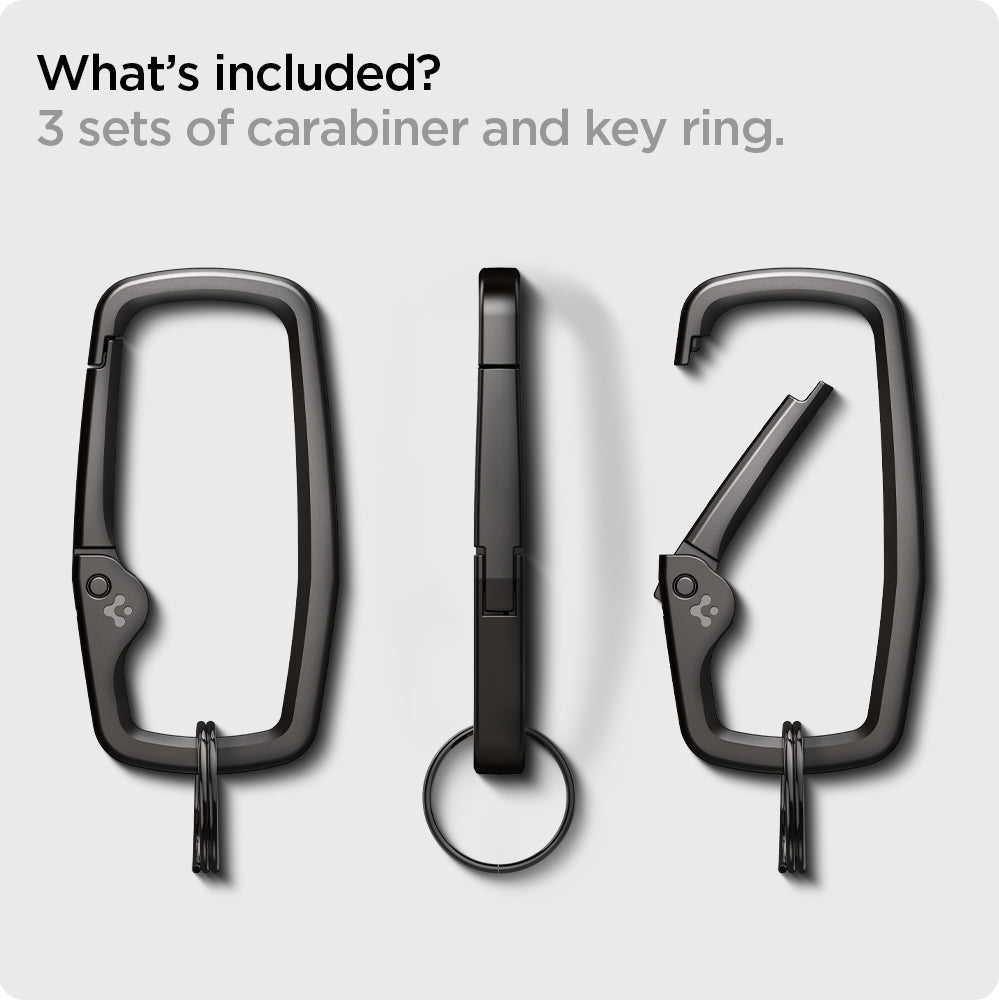AHP02933 - Carabiner Rugged Type in black showing what's included, 3 sets of carabiner and key ring