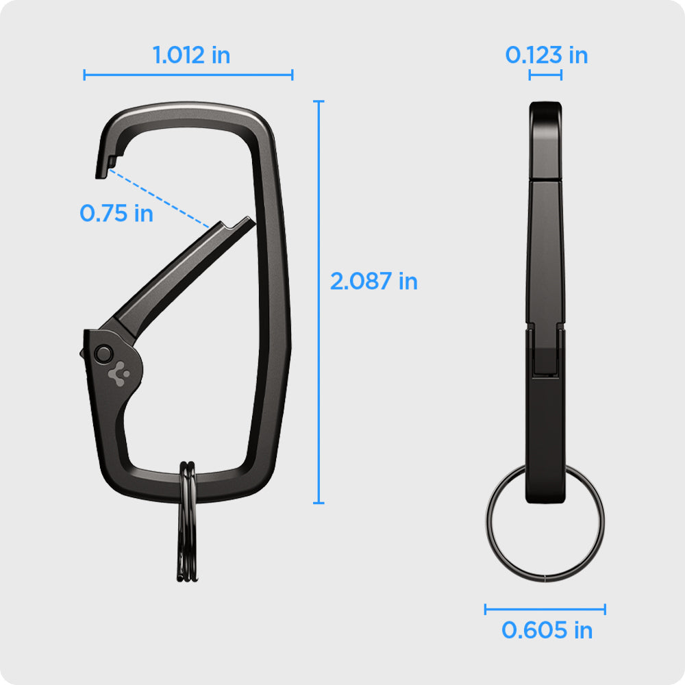 AHP02933 - Carabiner Rugged Type in black showing sizes: L(2.087in) x W(1.012in) hook opening(0.75in) thickness(0.123in) and ring size: (0.605in)