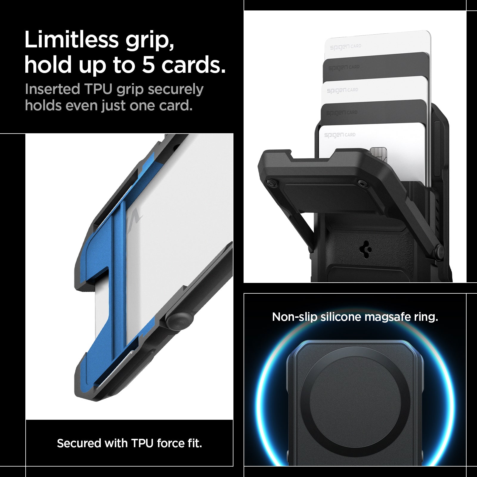 AFA09327 - Tough Armor Pro Card Holder (MagFit) in Black showing limitless grip hold up to 5 cards