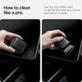 ACP05755 - CC90 Car Screen Cleaner in black showing how to clean like a pro. collect dust in tight corners using the microfiber pad, then simply brush it away