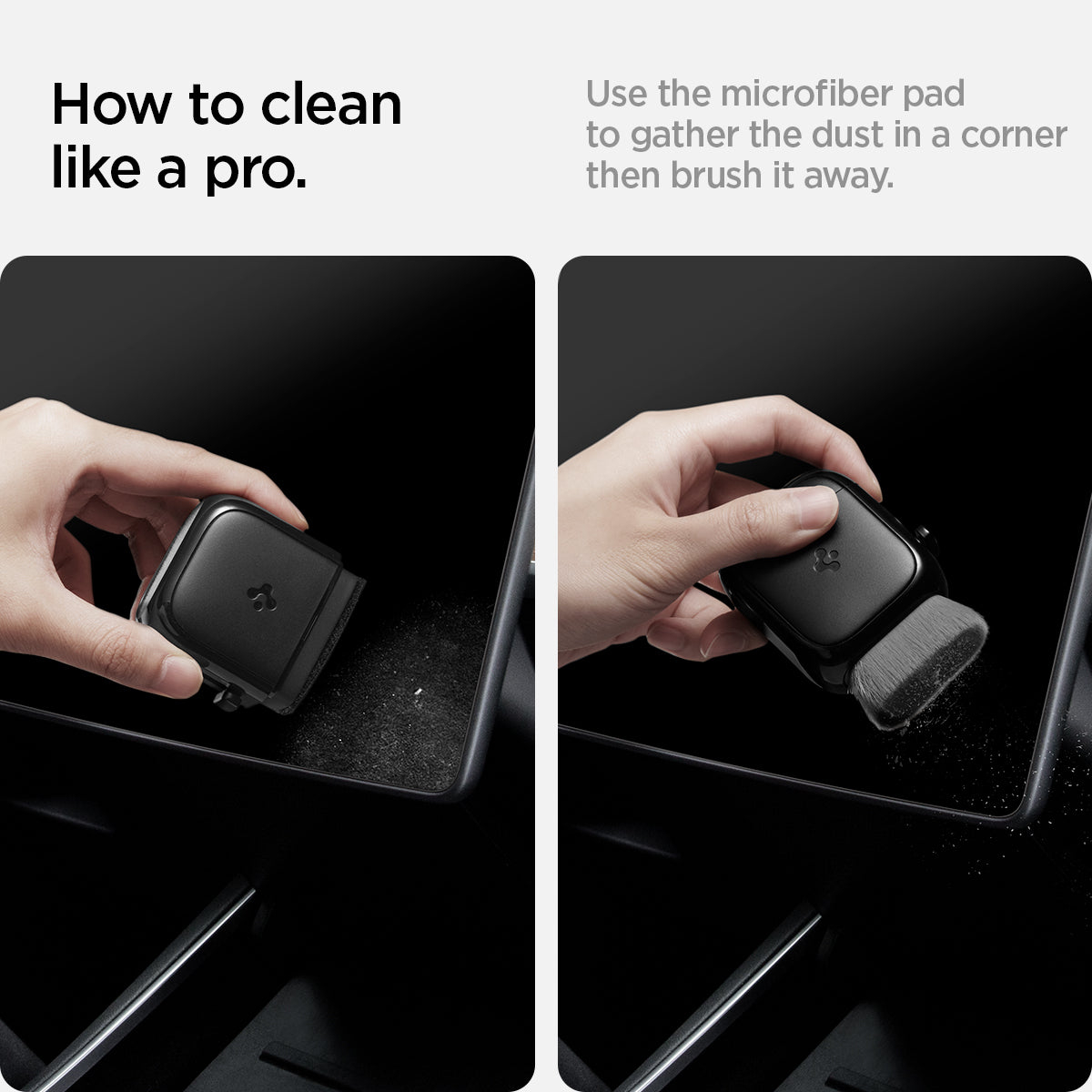 ACP05755 - CC90 Car Screen Cleaner in black showing how to clean like a pro. collect dust in tight corners using the microfiber pad, then simply brush it away