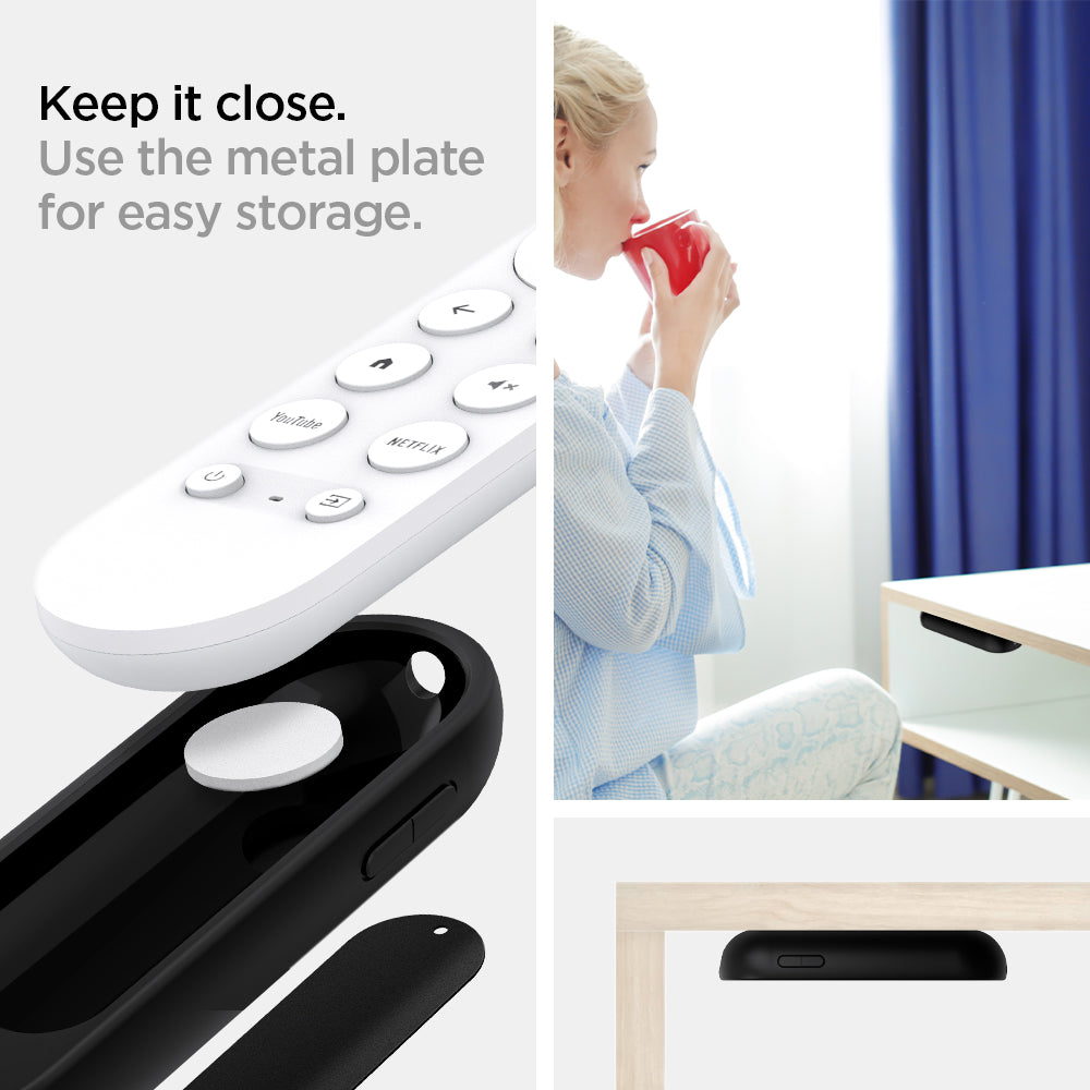AMP02714 - Chromecast with Google TV Silicone Fit Voice Remote in black showing the use of metal plate for easy storage