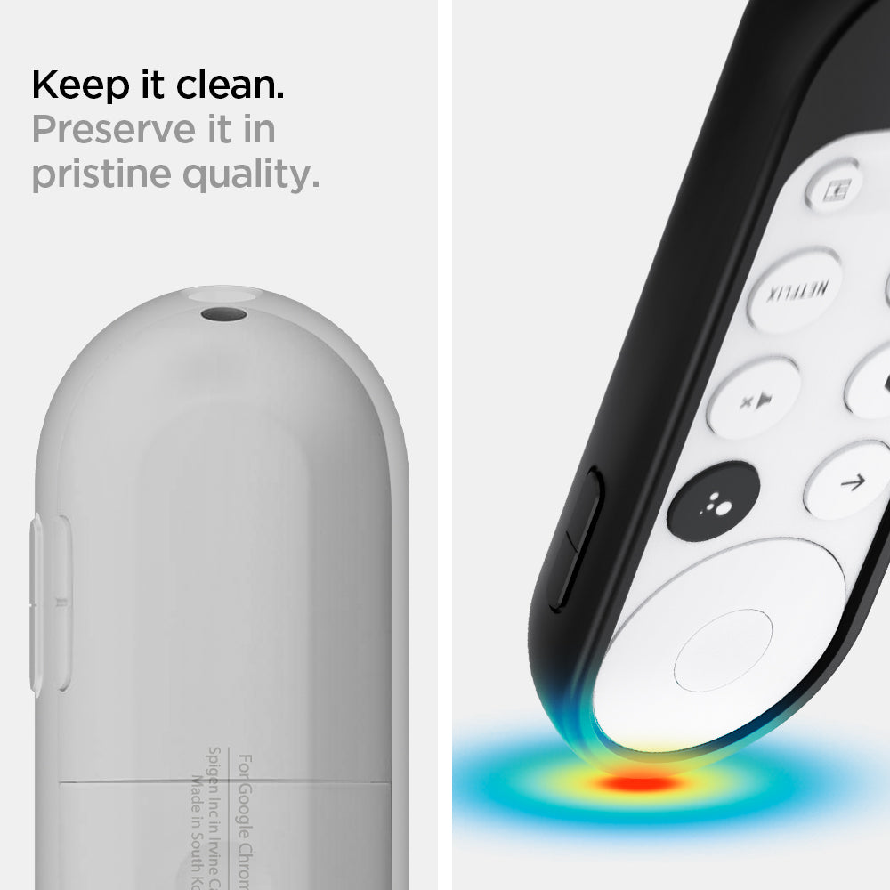 AMP02714 - Chromecast with Google TV Silicone Fit Voice Remote in black showing the keeping it clean. Preserve it in pristine quality
