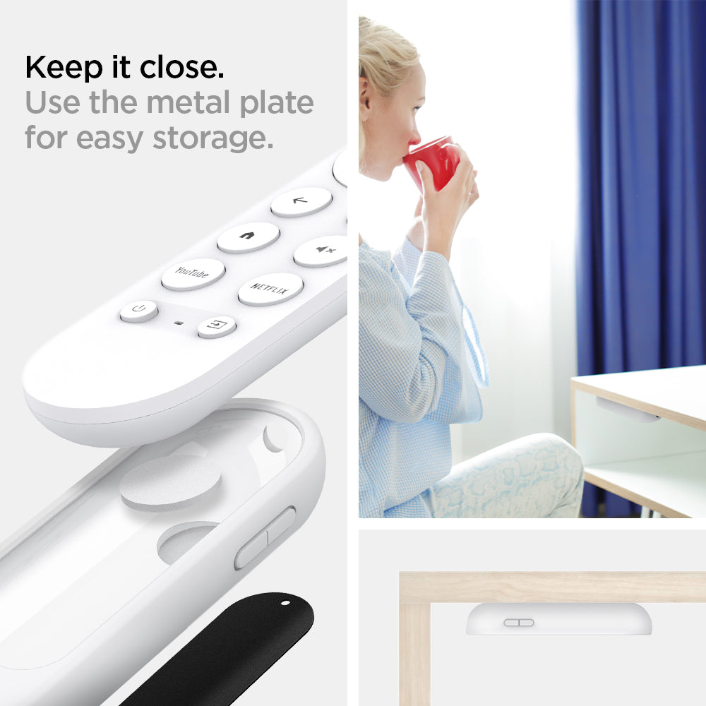 AMP02715 - Chromecast with Google TV Silicone Fit Voice Remote in white showing the use of metal plate for easy storage