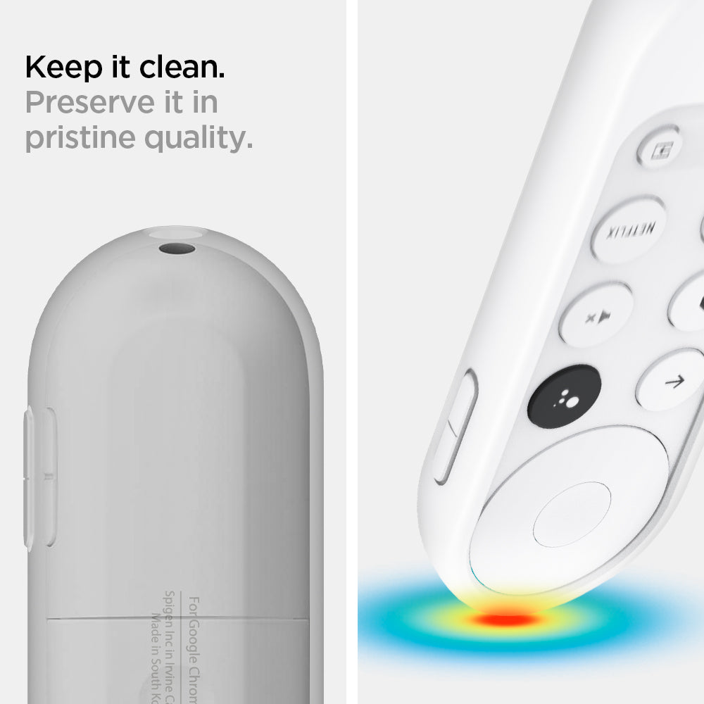 AMP02715 - Chromecast with Google TV Silicone Fit Voice Remote in white showing how keeping it clean. Preserve it in pristine quality