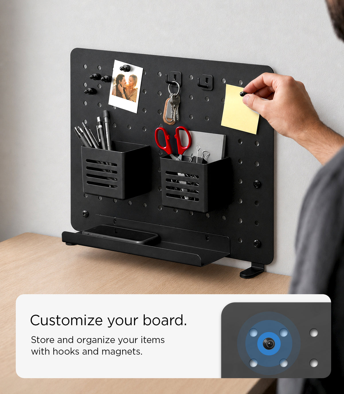 AHP11400 - Clamp Pegboard | LD405 showing a black pegboard mounted above a desk with photo clip, keychain hook, pen cup, and sticky note attached