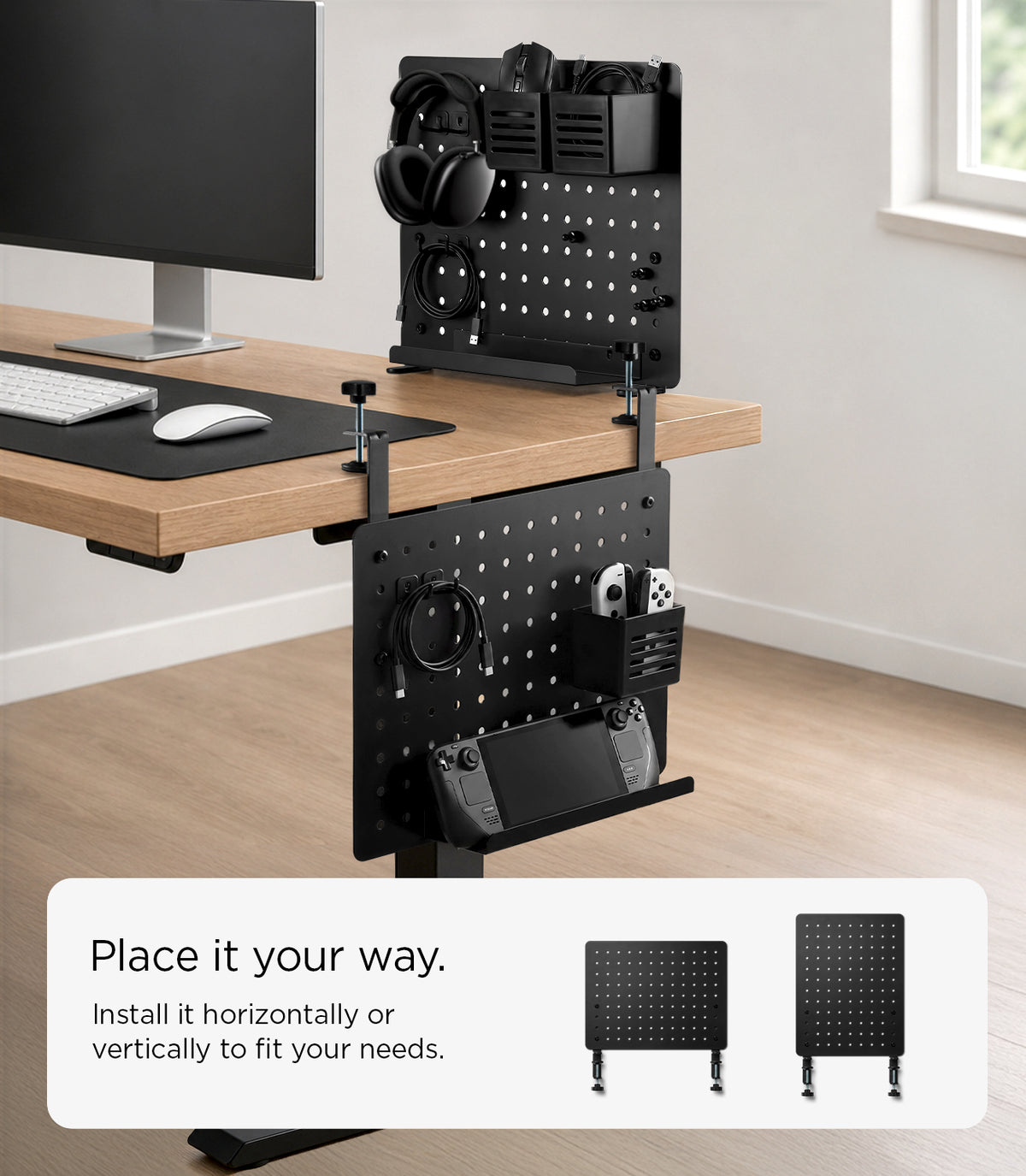 AHP11400 - Clamp Pegboard | LD405 showing two pegboards clamped horizontally and vertically under a standing desk holding headphones, cables, and a handheld gaming device