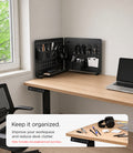 AHP11400 - Clamp Pegboard | LD405 showing two pegboards joined at a corner desk holding pens, scissors, headphones, cables, keys, and a notepad