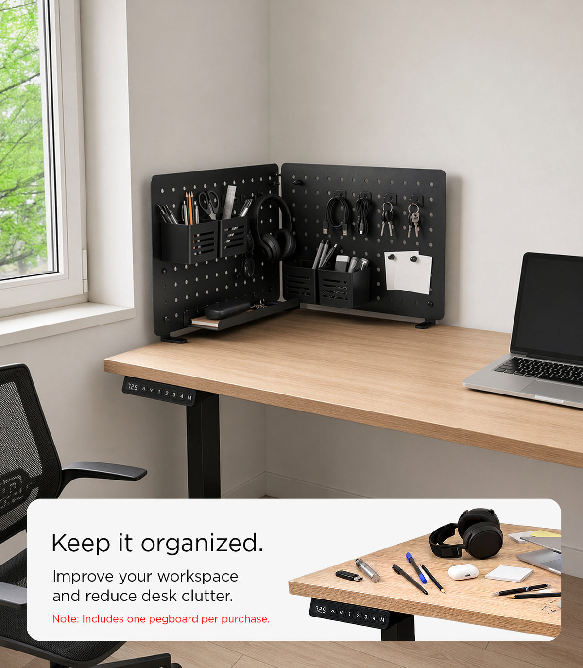 AHP11400 - Clamp Pegboard | LD405 showing two pegboards joined at a corner desk holding pens, scissors, headphones, cables, keys, and a notepad