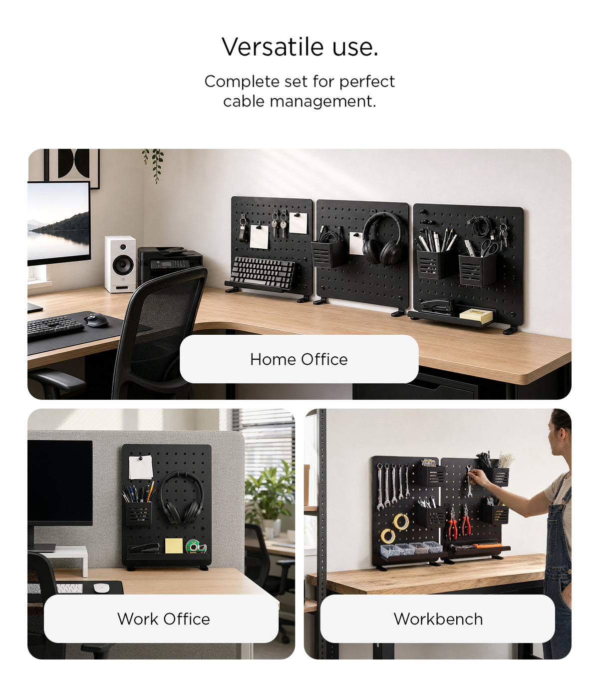 AHP11400 - Clamp Pegboard | LD405 showing three pegboard panels arranged side by side on a home office desk holding a keyboard, headphones, and cable accessories